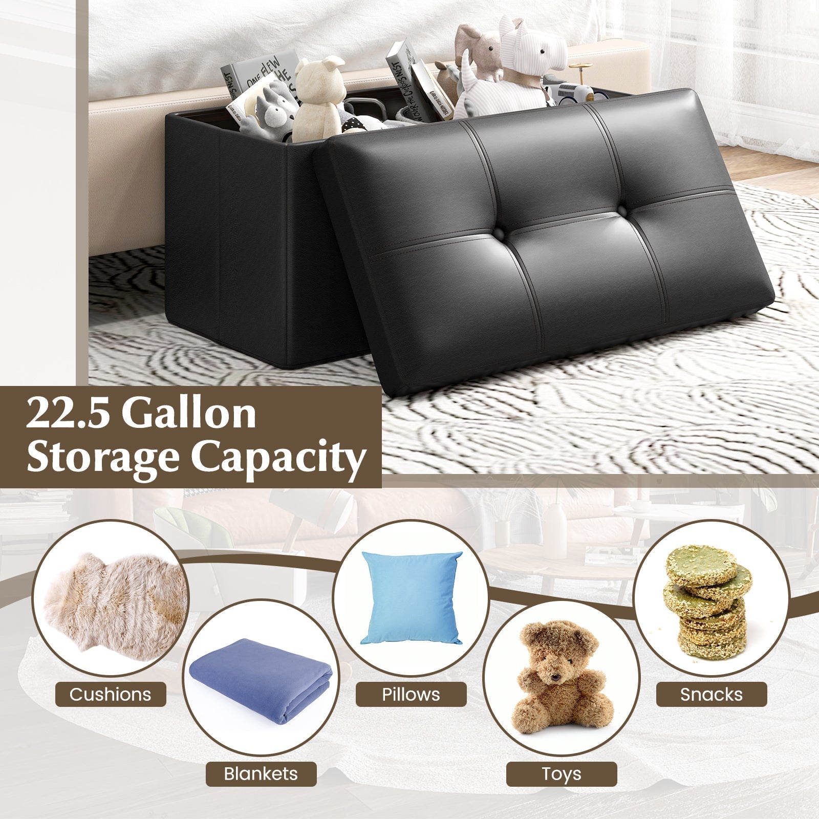 Upholstered Rectangle Footstool with PVC Leather Surface and Storage Function