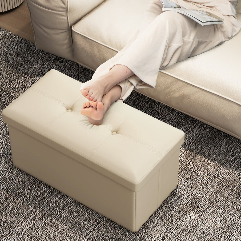 Upholstered Rectangle Footstool with PVC Leather Surface and Storage Function