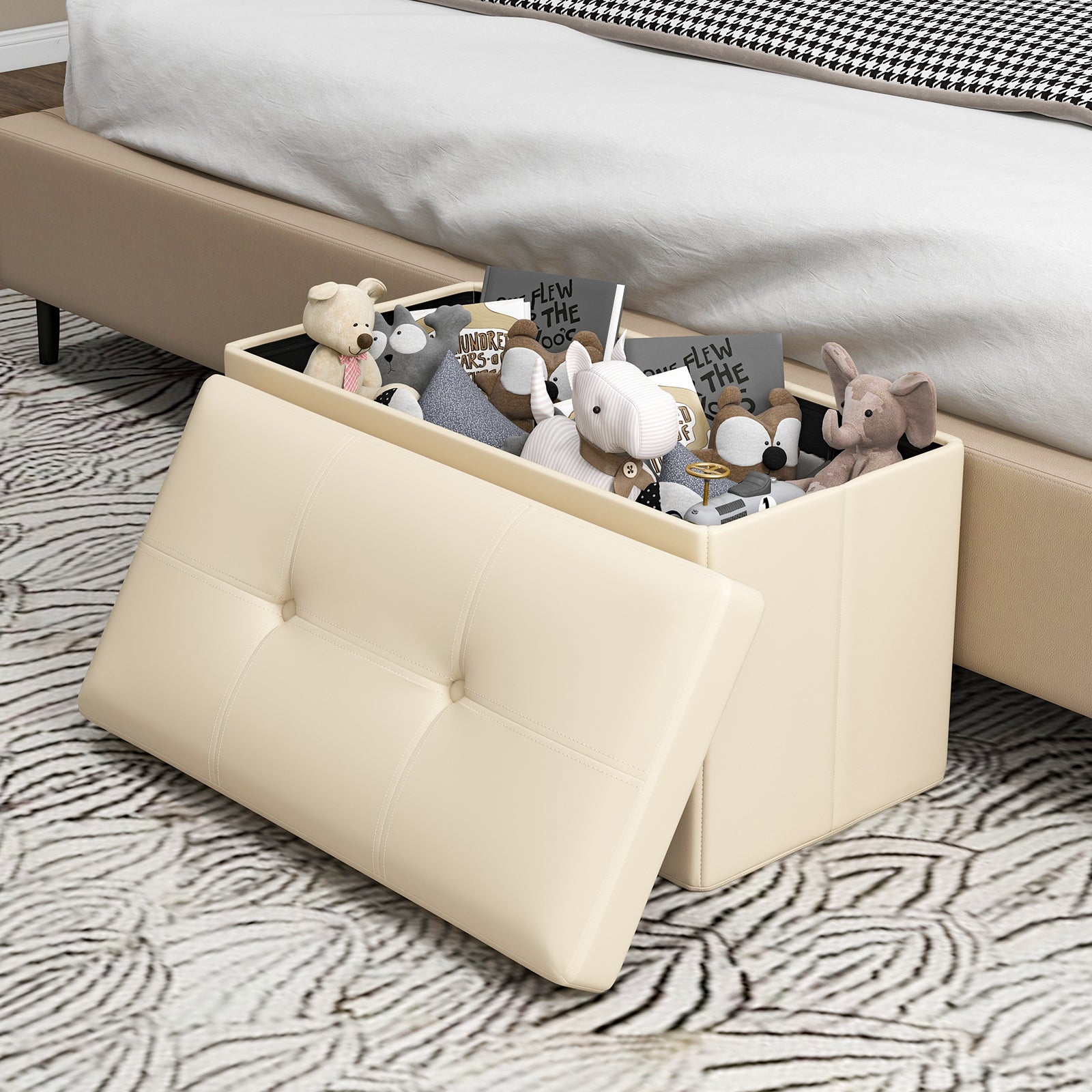 Upholstered Rectangle Footstool with PVC Leather Surface and Storage Function