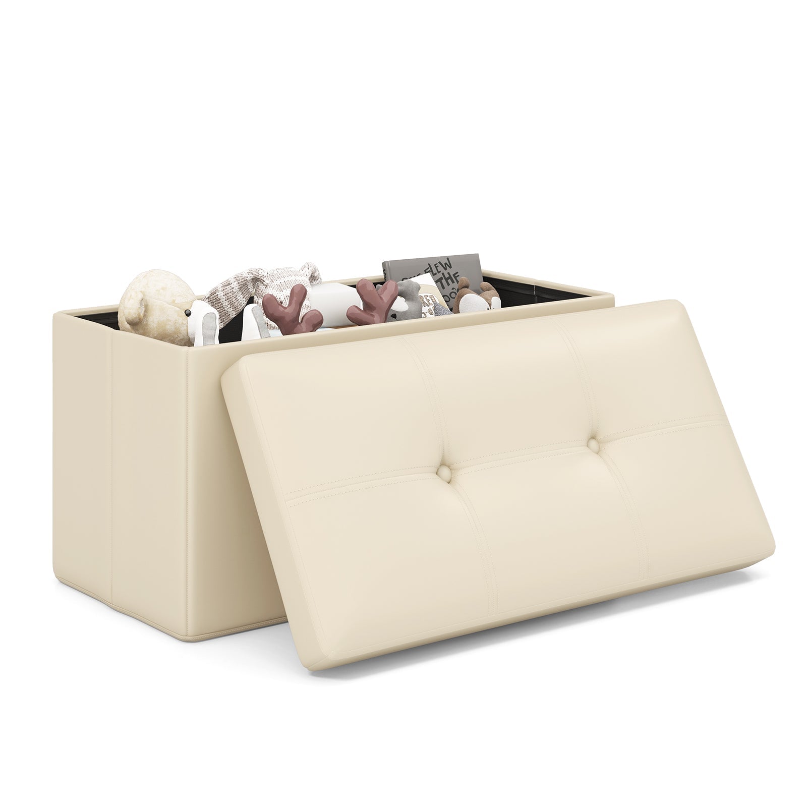 Upholstered Rectangle Footstool with PVC Leather Surface and Storage Function