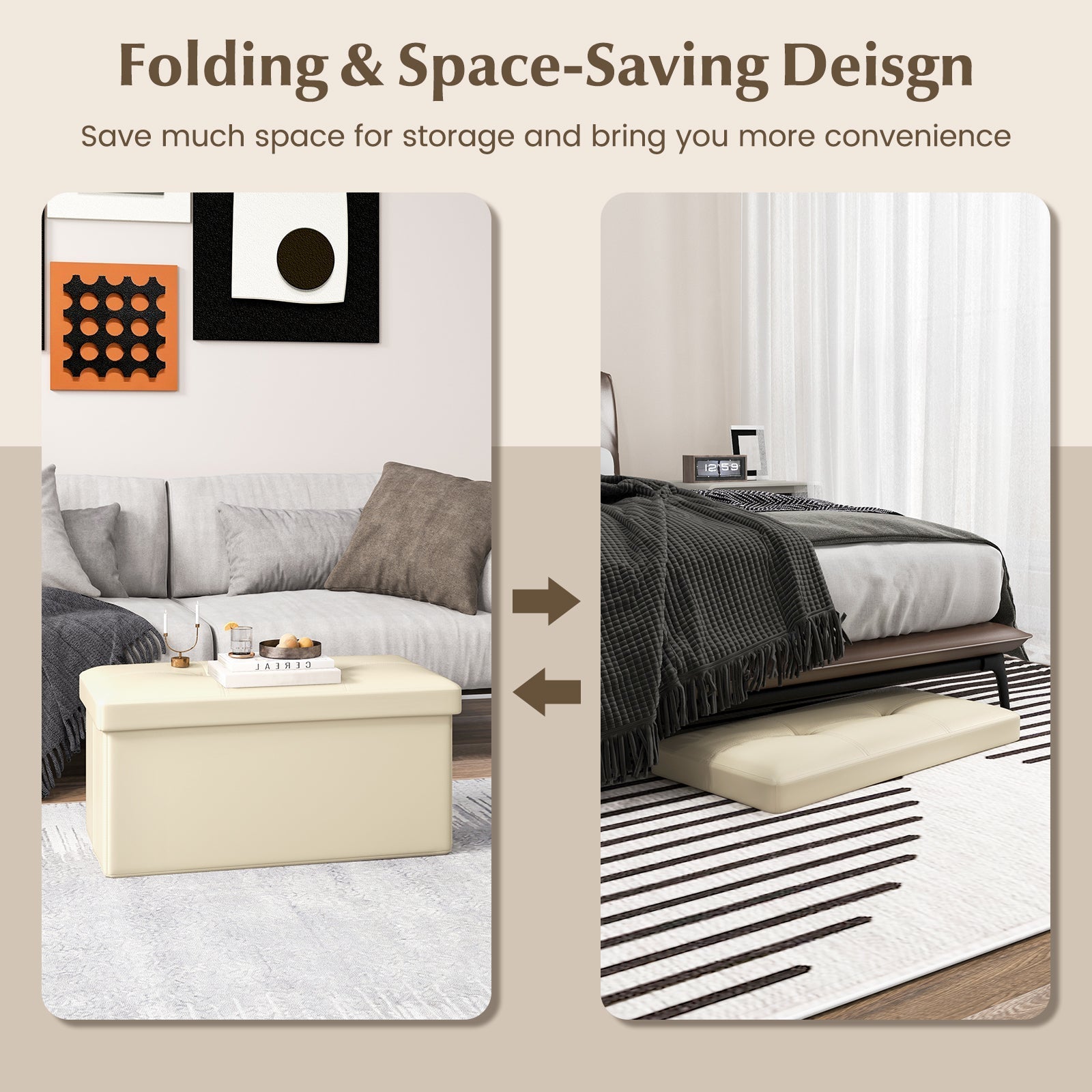 Upholstered Rectangle Footstool with PVC Leather Surface and Storage Function