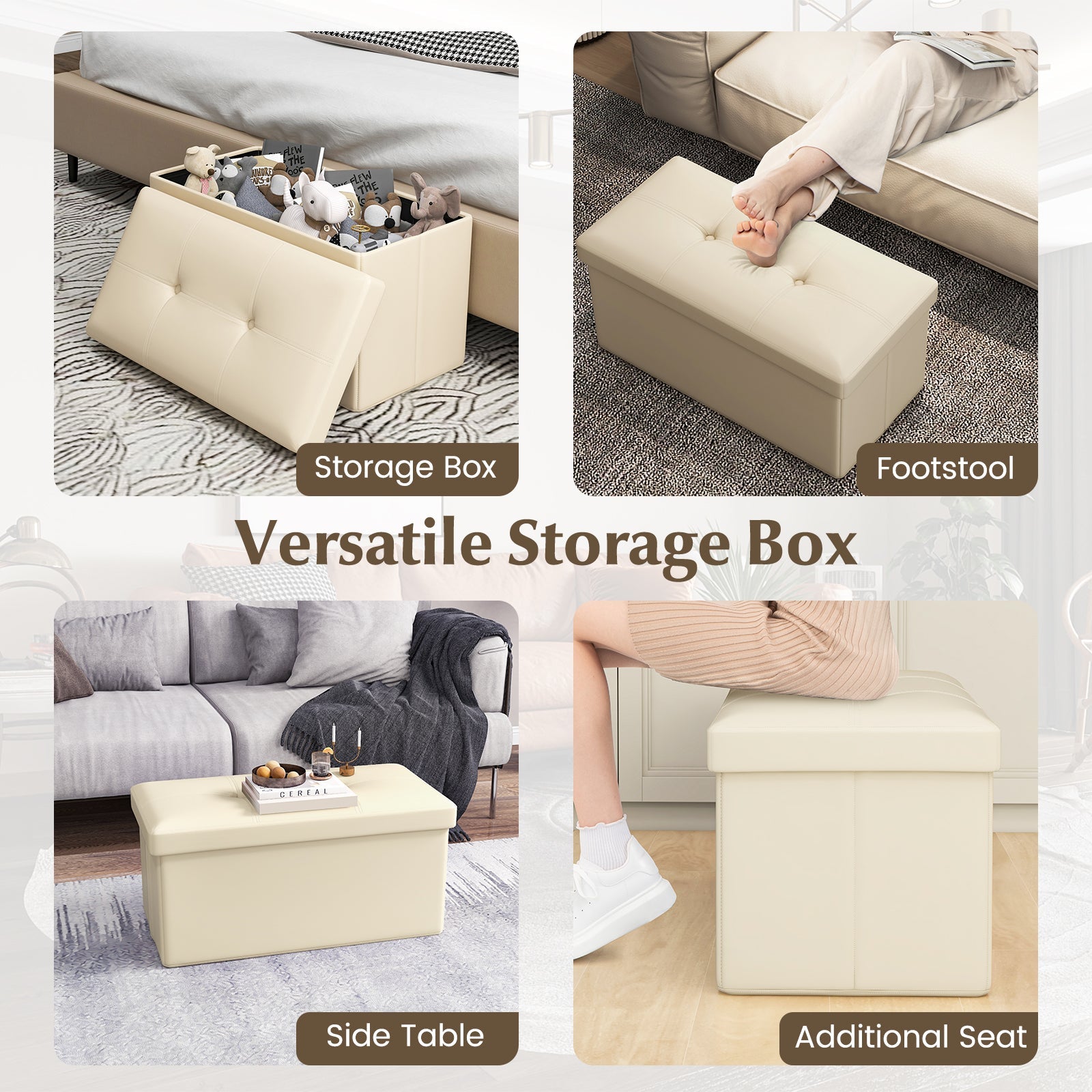Upholstered Rectangle Footstool with PVC Leather Surface and Storage Function