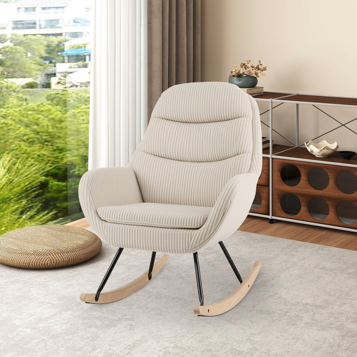 Upholstered Rocking Chair Nursery Glider Rocker with Padded Backrest and Seat-Beige