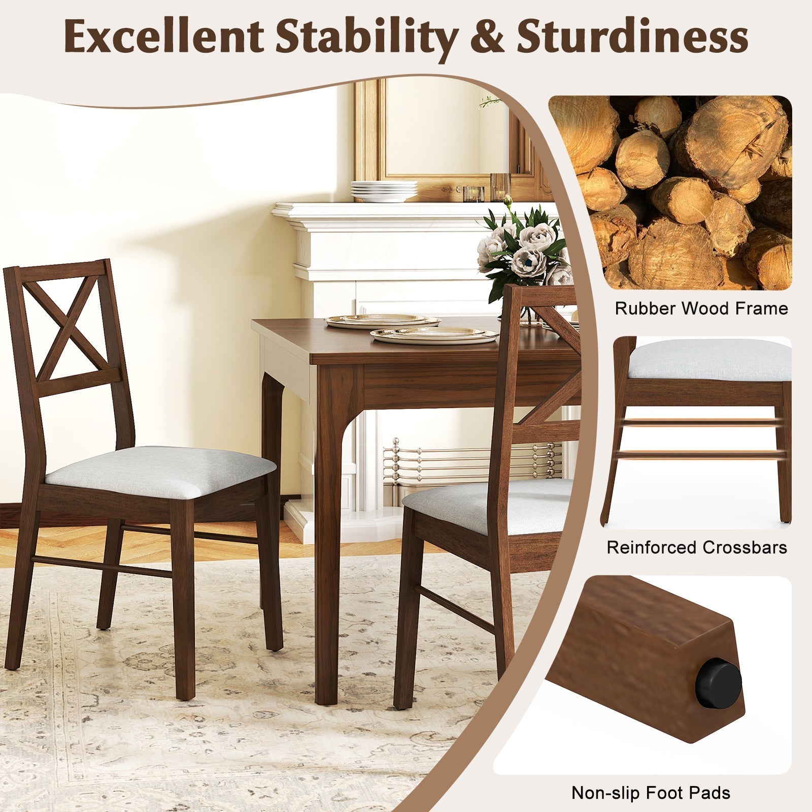 Upholstered Side Dining Chairs Set of 2 with Rubber Wood Frame
