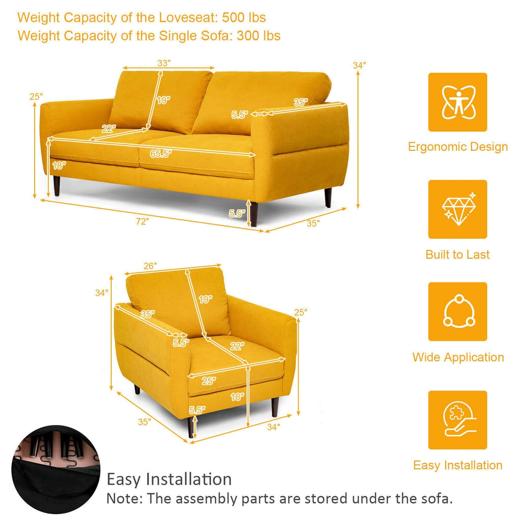 2 Pieces Upholstered Sofa Set with Removable Cushion Covers