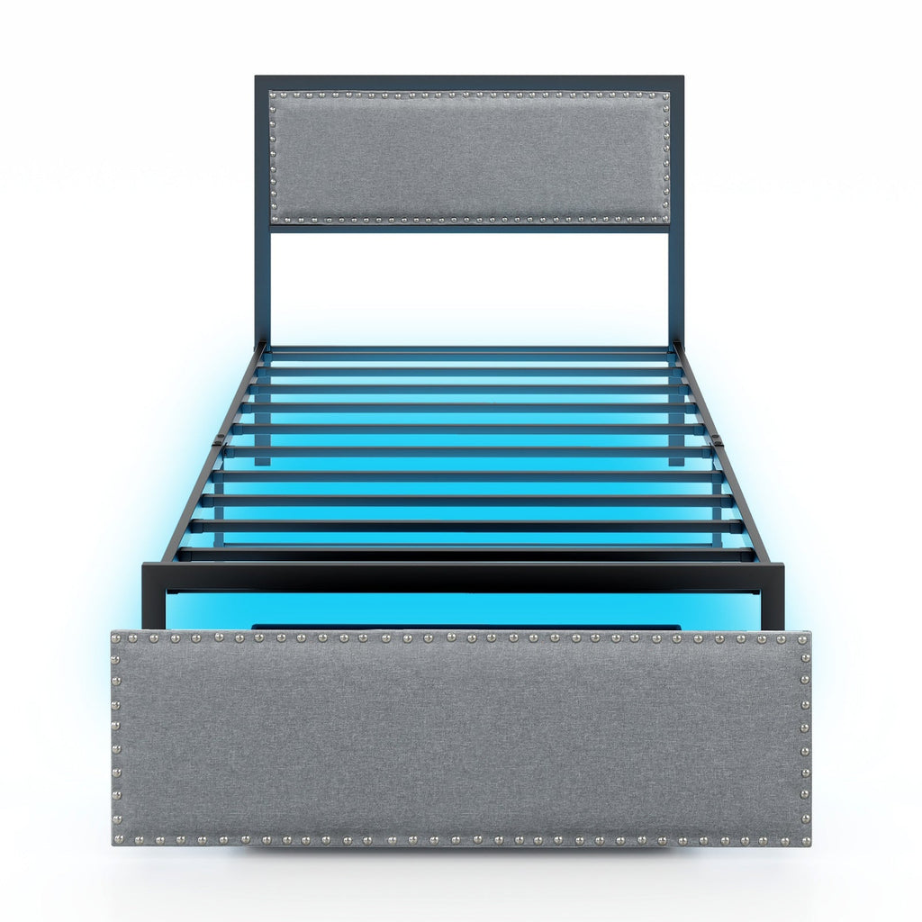 Full/Queen/Twin Size Bed Frame with LED Lights Drawer and Metal Slats