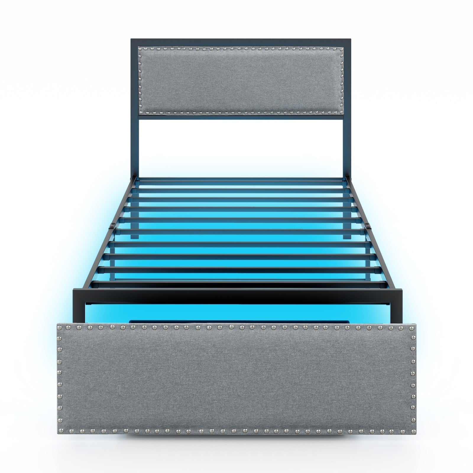 Full/Queen/Twin Size Bed Frame with LED Lights Drawer and Metal Slats