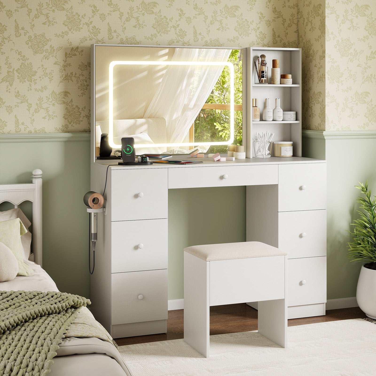 Vanity Desk with Mirror and Lights Makeup Dressing Table Vanity Table and Stool Set-White