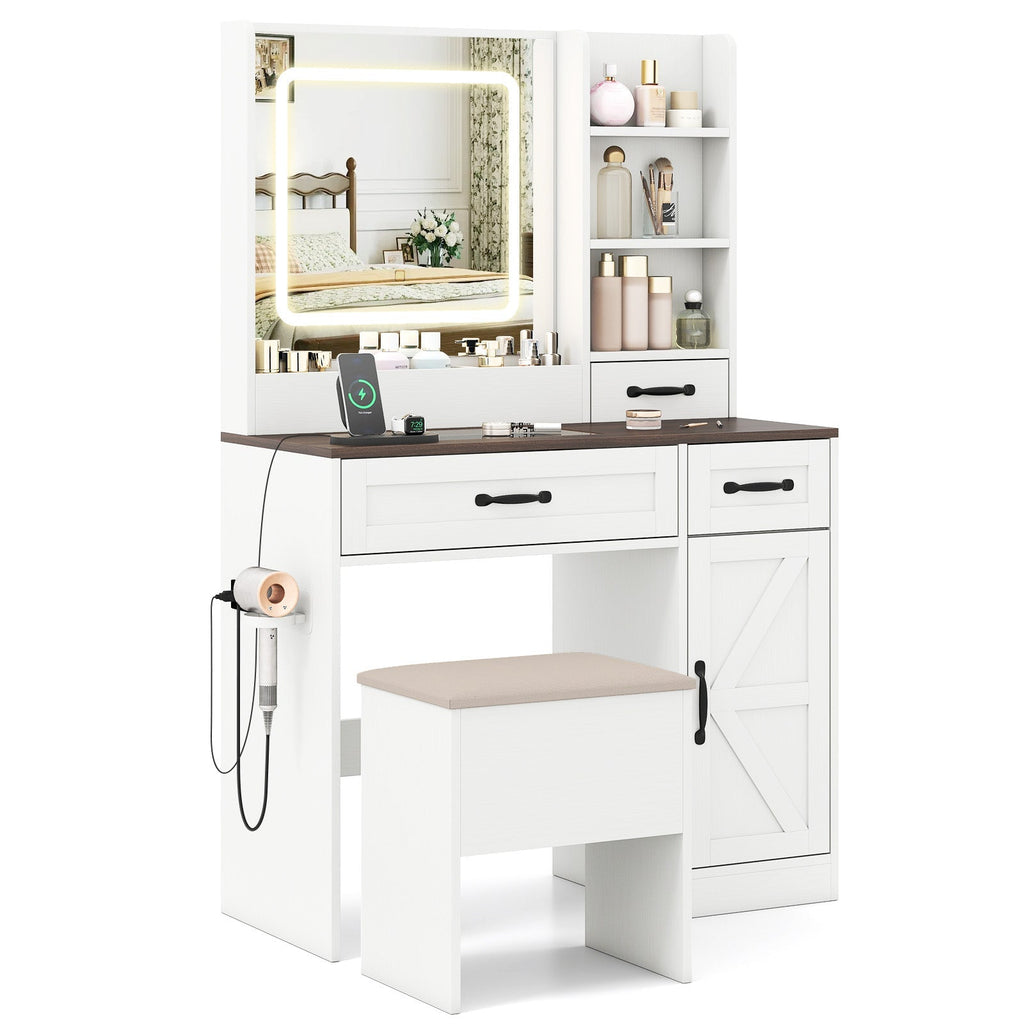 Vanity Desk with Mirror and Lights Farmhouse Makeup Dressing Table-White