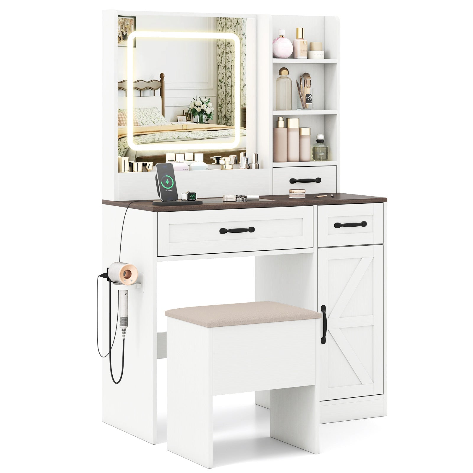 Vanity Desk with Mirror and Lights Farmhouse Makeup Dressing Table-White