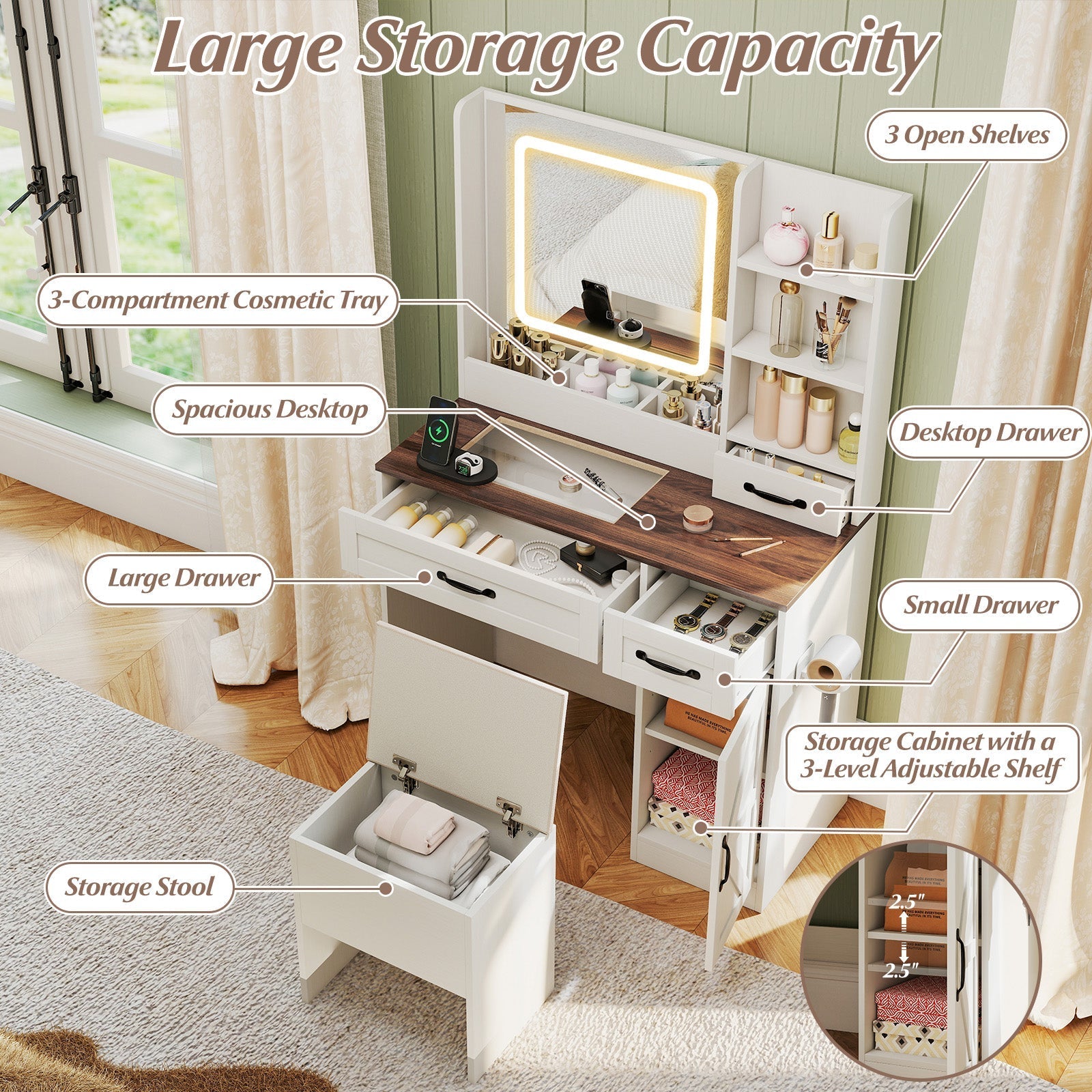 Vanity Desk with Mirror and Lights Farmhouse Makeup Dressing Table-White