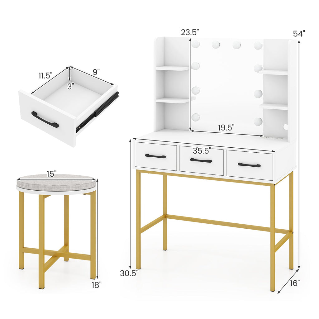 Vanity Desk with Mirror and Lights Makeup Dressing Table and Cushioned Stool Set-White