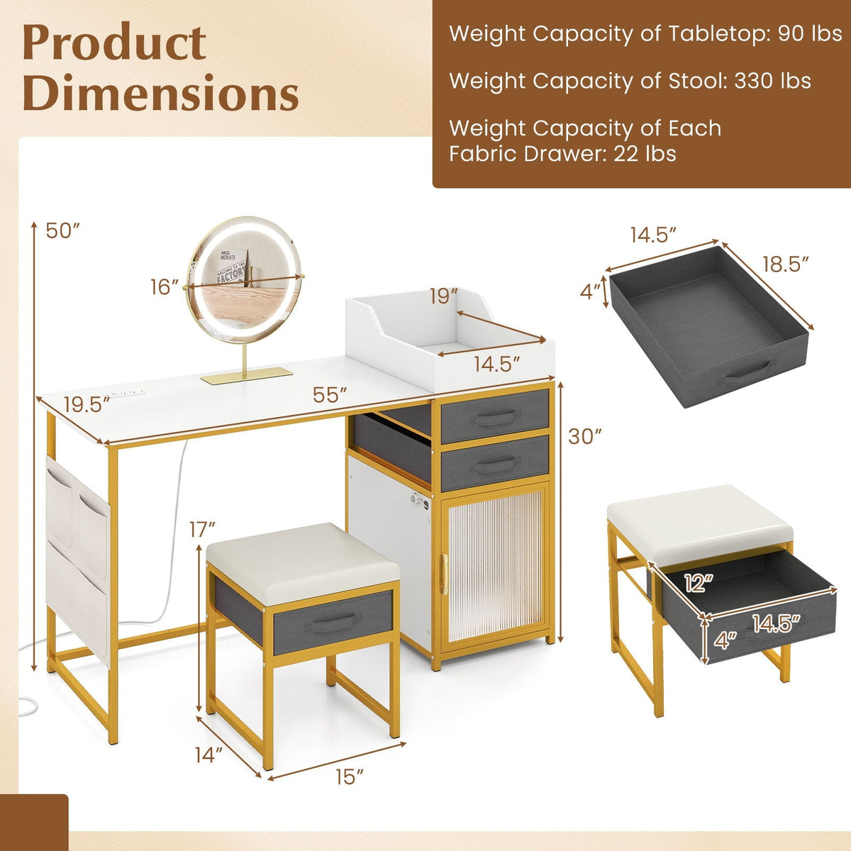 Vanity Desk with Rotatable Lighted Mirror 55 Inch Makeup Vanity Table-White