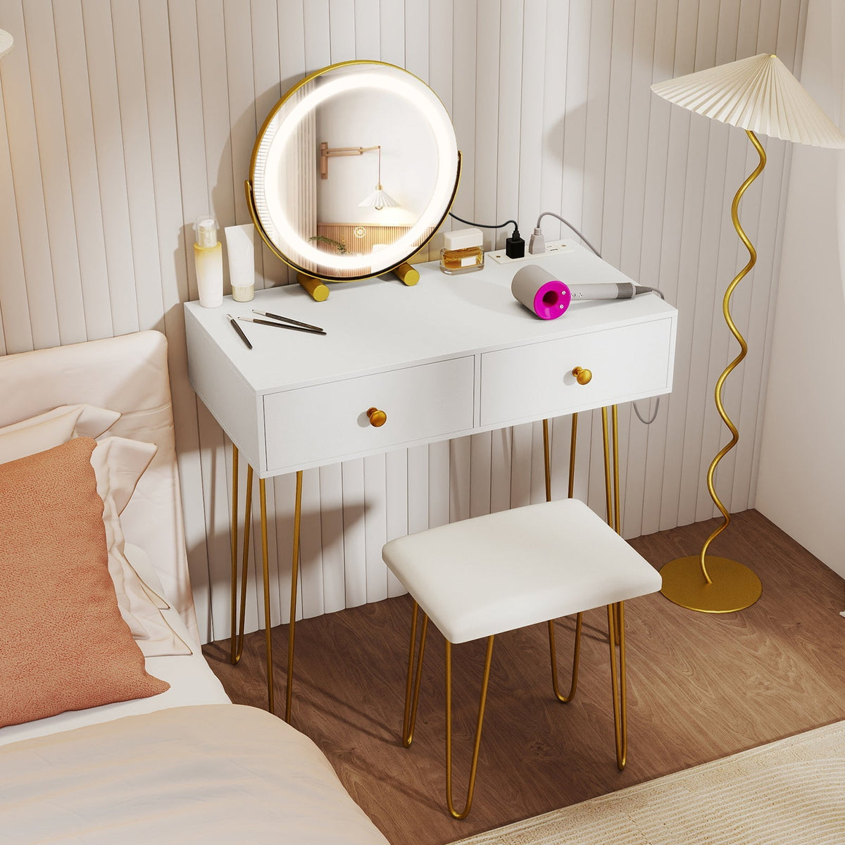 Vanity Desk with with Lighted Adjustable Mirror for Bedroom