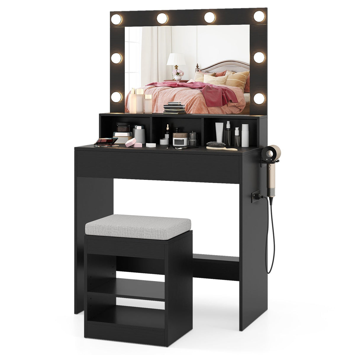 Vanity Table Set with Lighted Mirror and Cushion Stool