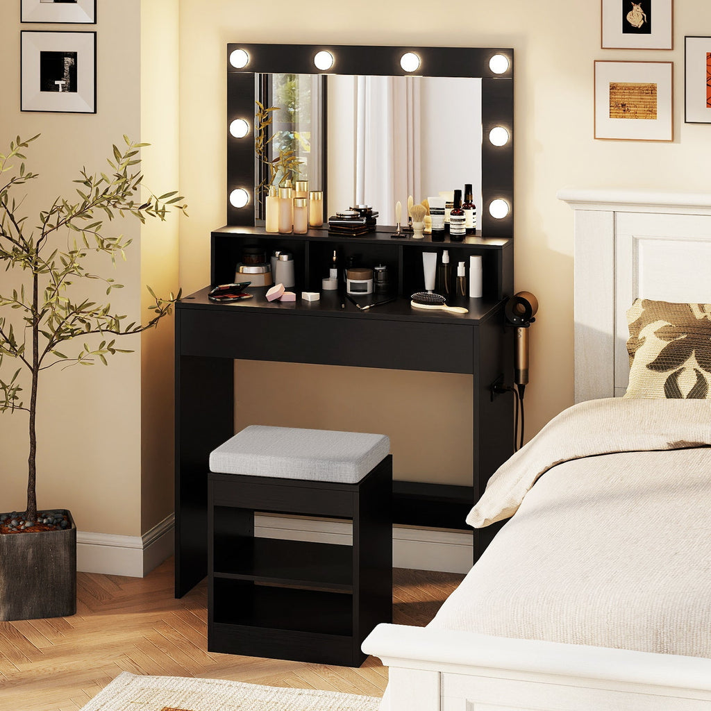 Vanity Table Set with Lighted Mirror and Cushion Stool