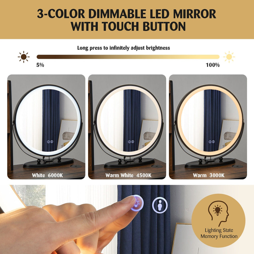 Vanity Table Set with 3-Color Lighted Mirror and Cushioned Stool