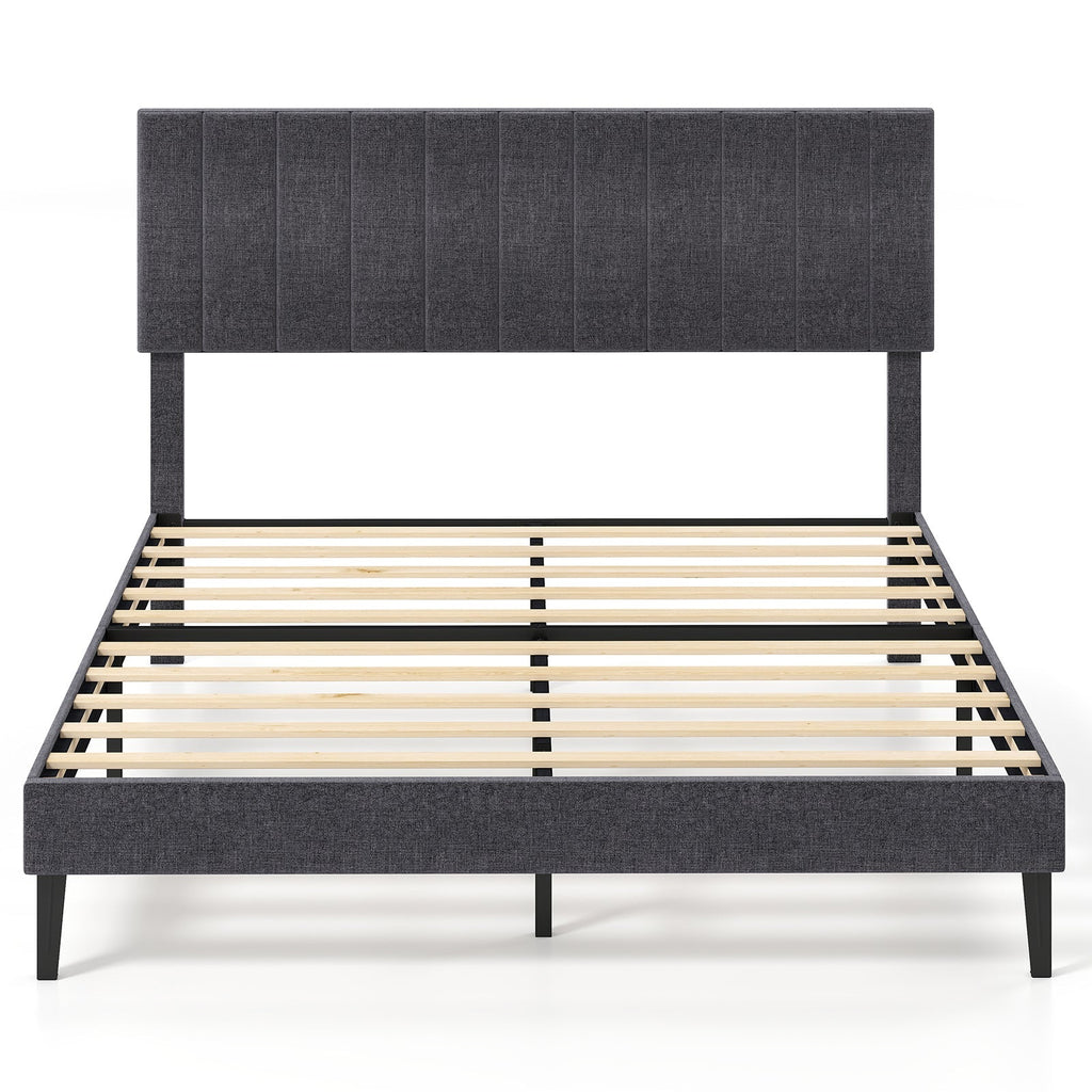 Velvet Upholstered Platform Bed with Height Adjustable Vertical Channel Headboard