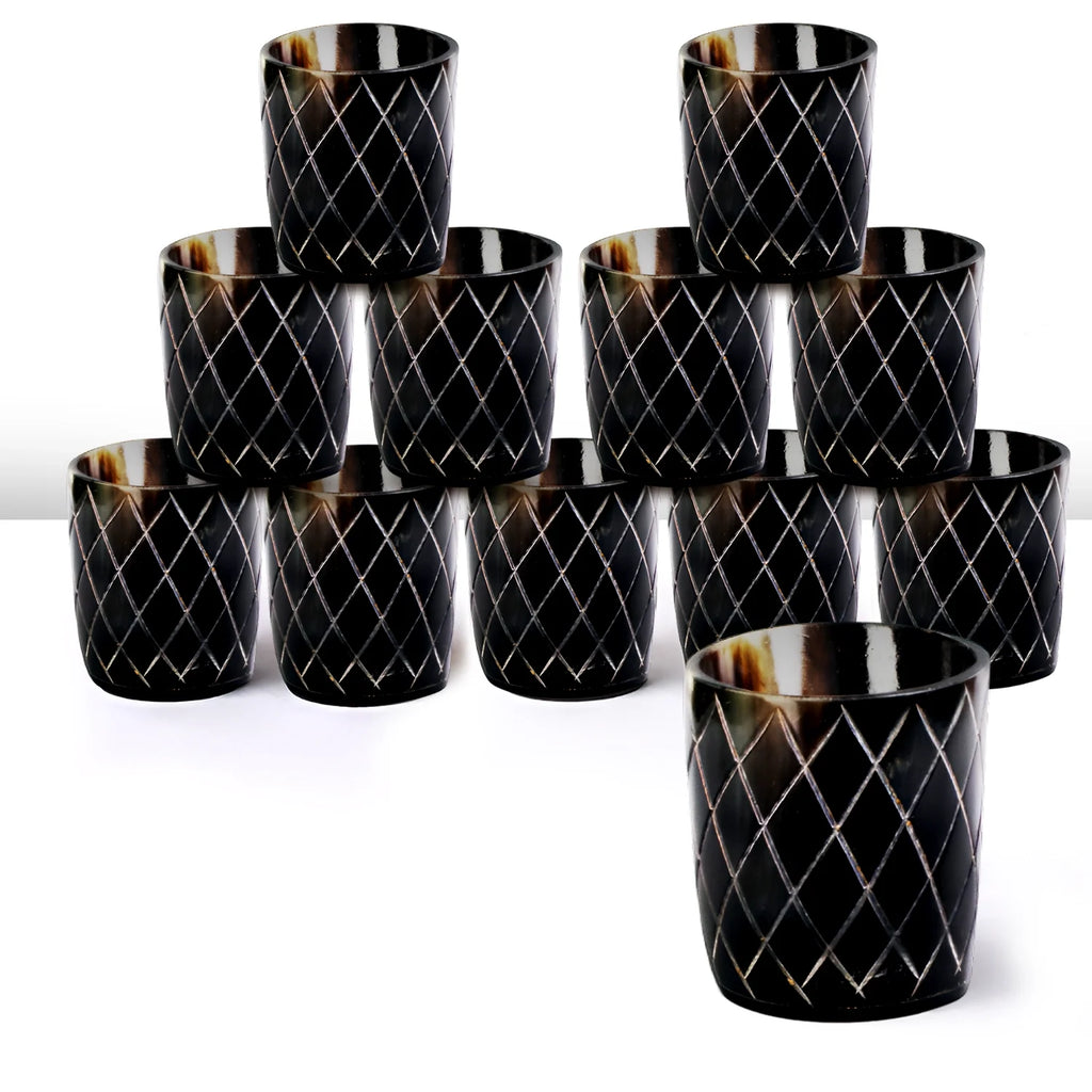 Whiskey Shot Cups Set Crisscross Pattern Real Ox Horn 6.5 oz, Pack 4, 8 & 12