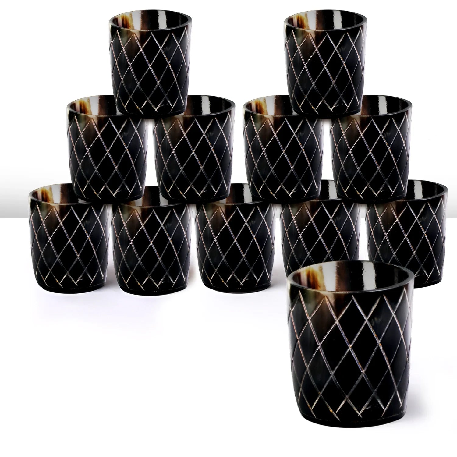 Whiskey Shot Cups Set Crisscross Pattern Real Ox Horn 6.5 oz, Pack 4, 8 & 12