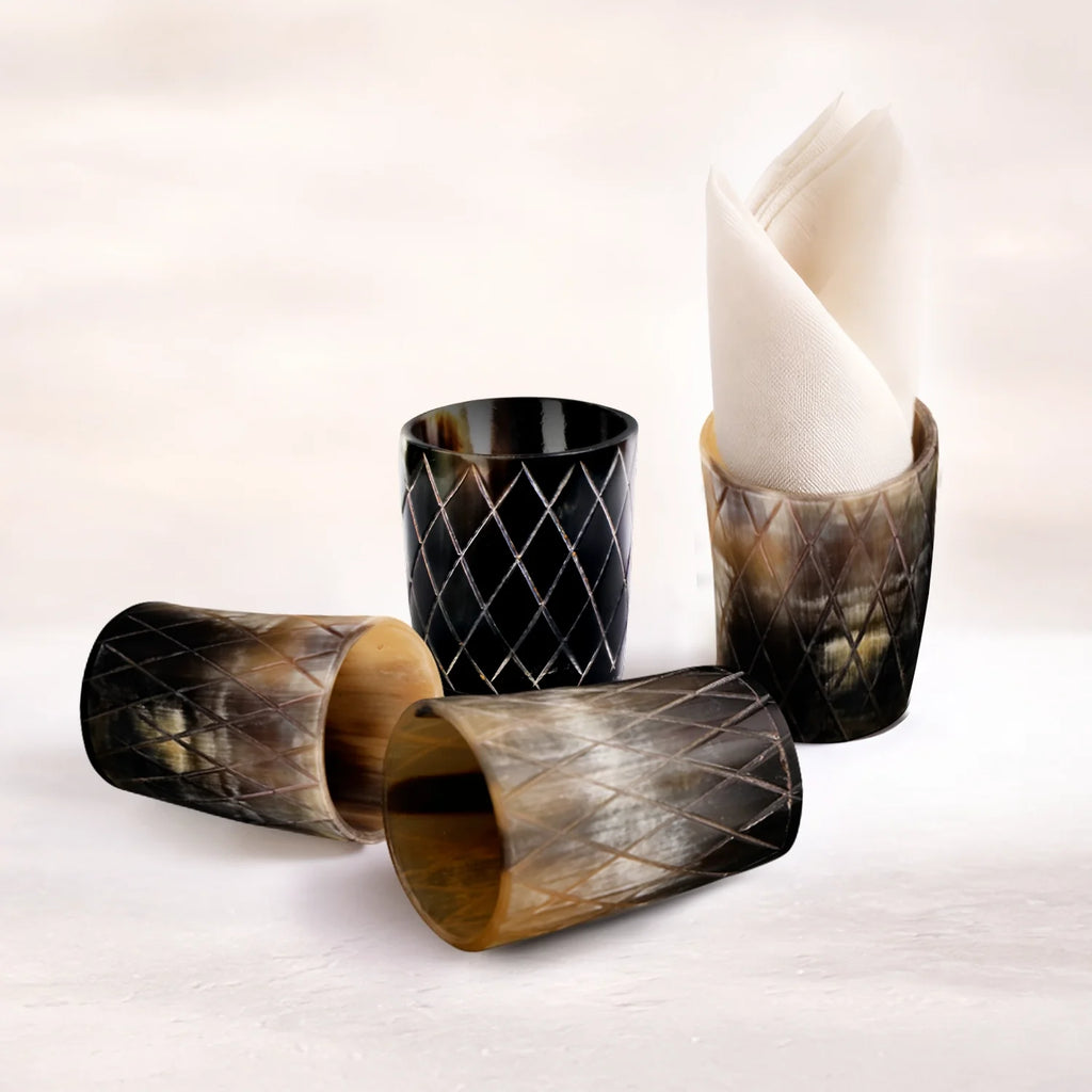 Whiskey Shot Cups Set Crisscross Pattern Real Ox Horn 6.5 oz, Pack 4, 8 & 12