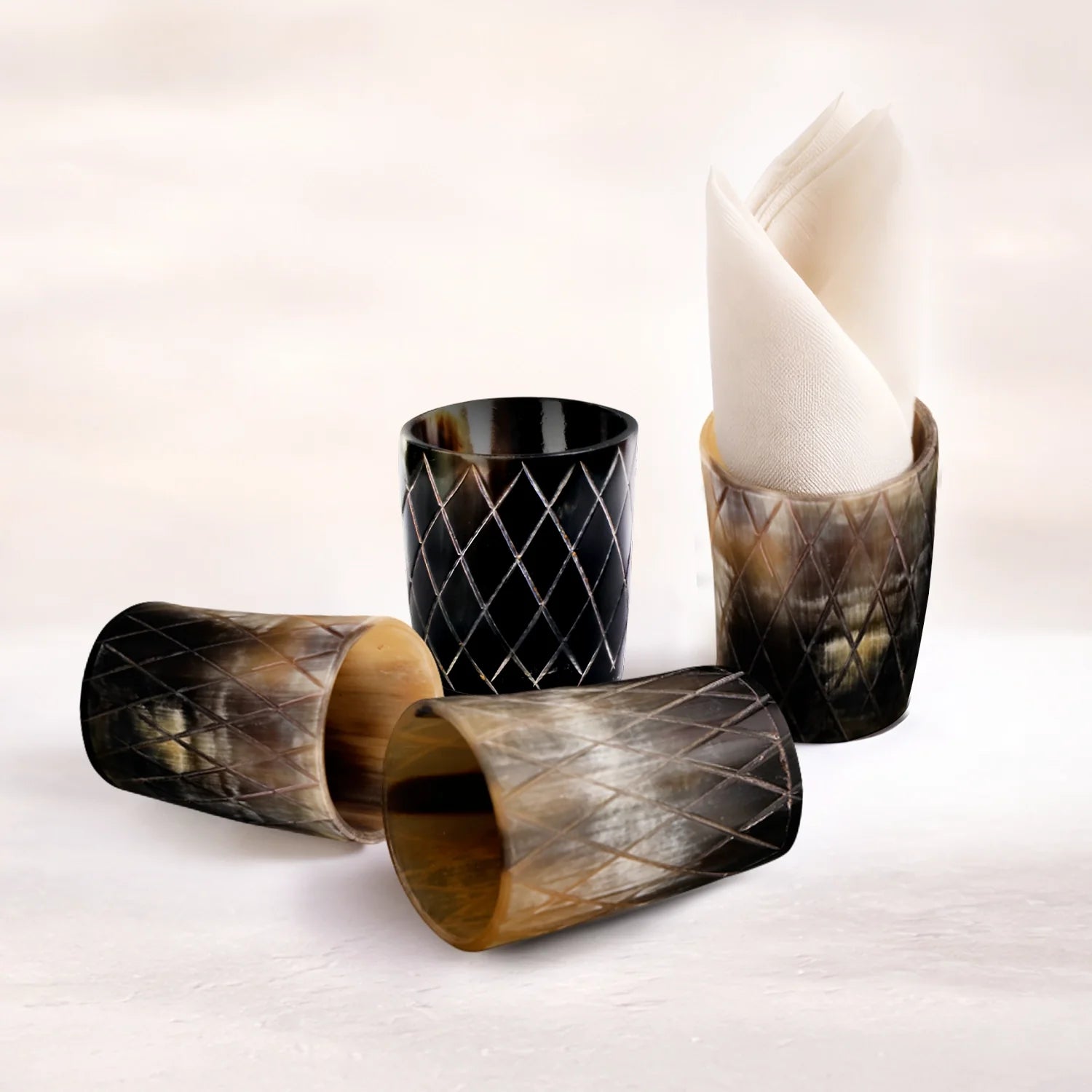 Whiskey Shot Cups Set Crisscross Pattern Real Ox Horn 6.5 oz, Pack 4, 8 & 12