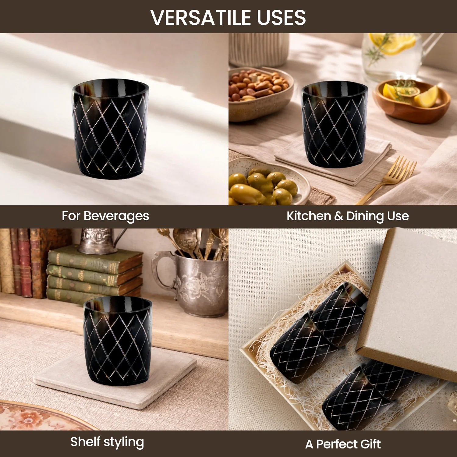 Whiskey Shot Cups Set Crisscross Pattern Real Ox Horn 6.5 oz, Pack 4, 8 & 12