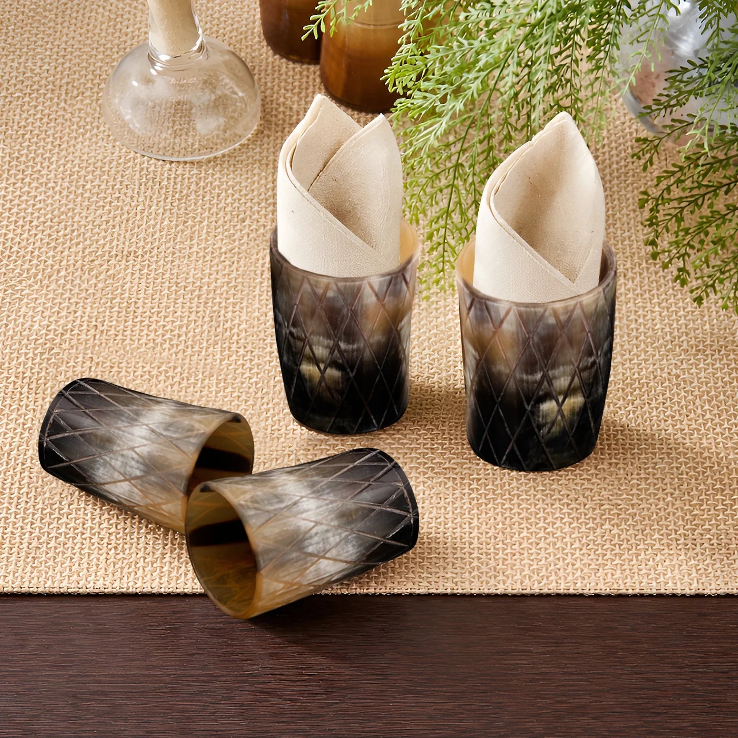 Whiskey Shot Cups Set Crisscross Pattern Real Ox Horn 6.5 oz, Pack 4, 8 & 12