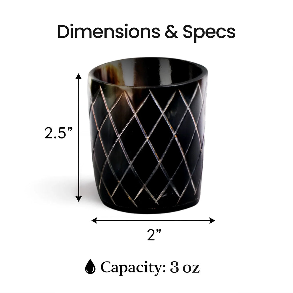 Whiskey Shot Cups Set Crisscross Pattern Real Ox Horn 6.5 oz, Pack 4, 8 & 12