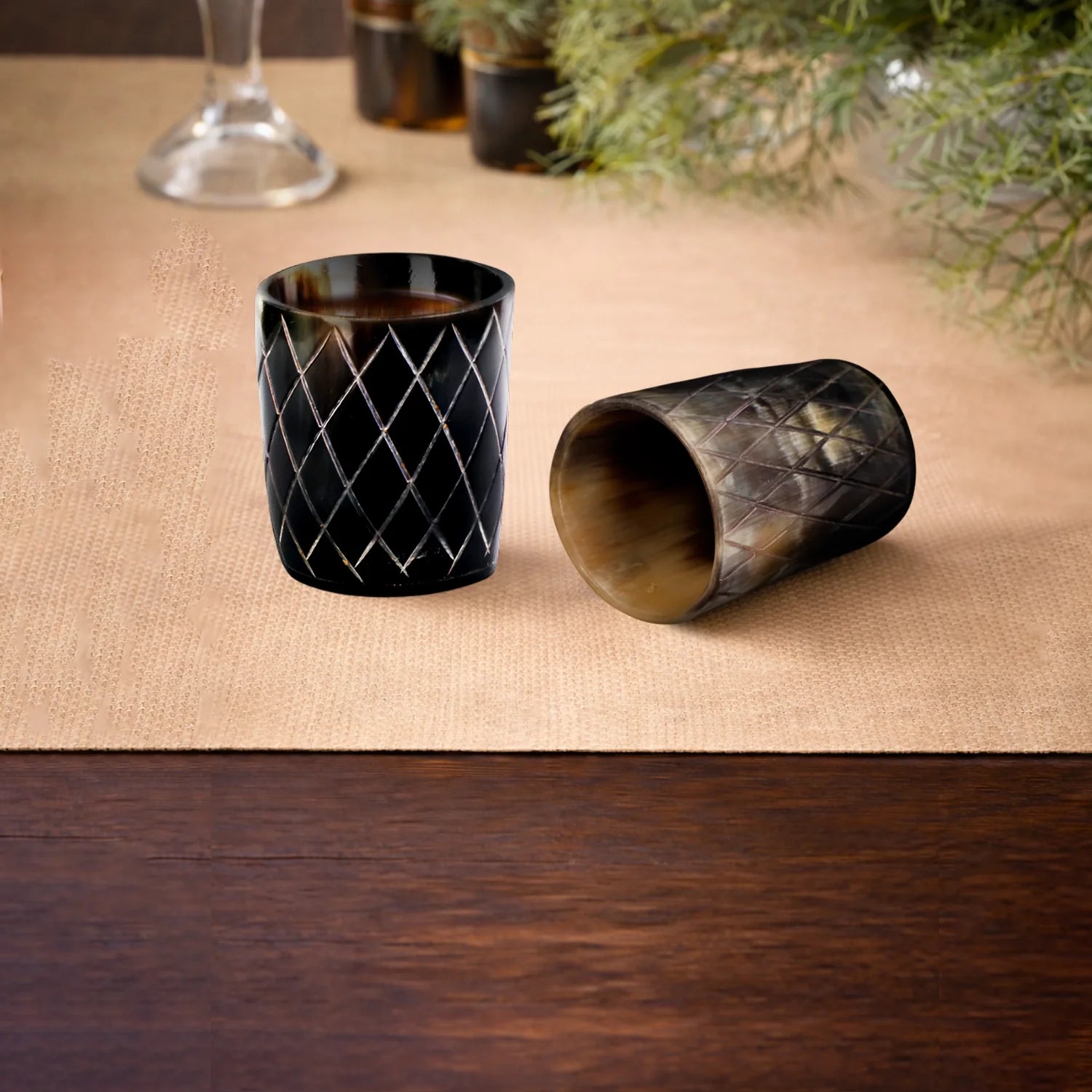 Whiskey Shot Cups Set Crisscross Pattern Real Ox Horn 6.5 oz, Pack 4, 8 & 12