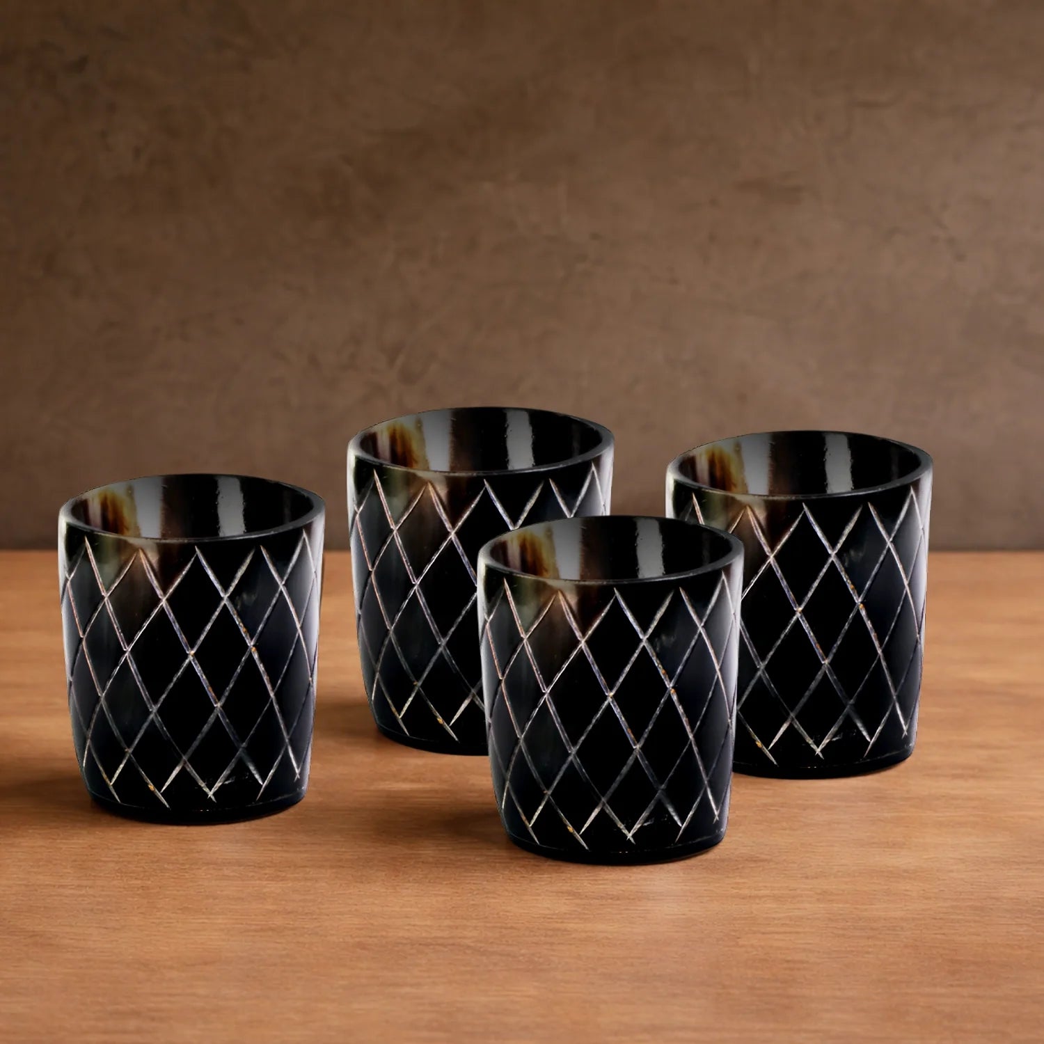Whiskey Shot Cups Set Crisscross Pattern Real Ox Horn 6.5 oz, Pack 4, 8 & 12