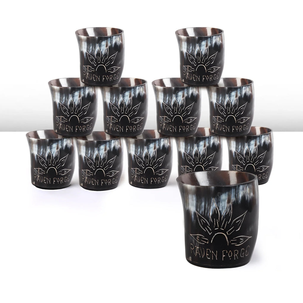 Whiskey Shot Cups Set Sunburst Pattern Real Ox Horn 6.5 oz, Pack 4, 8 & 12