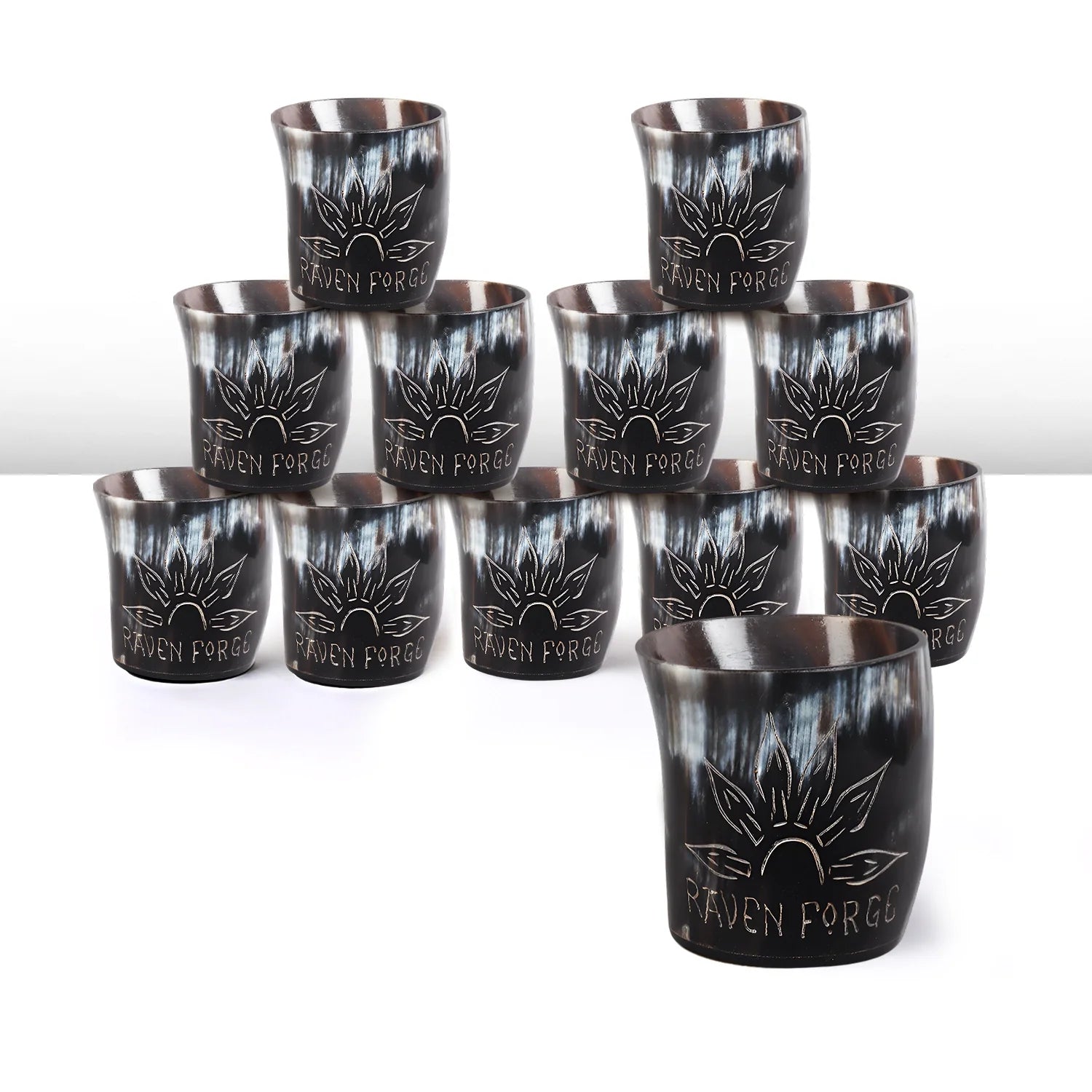 Whiskey Shot Cups Set Sunburst Pattern Real Ox Horn 6.5 oz, Pack 4, 8 & 12