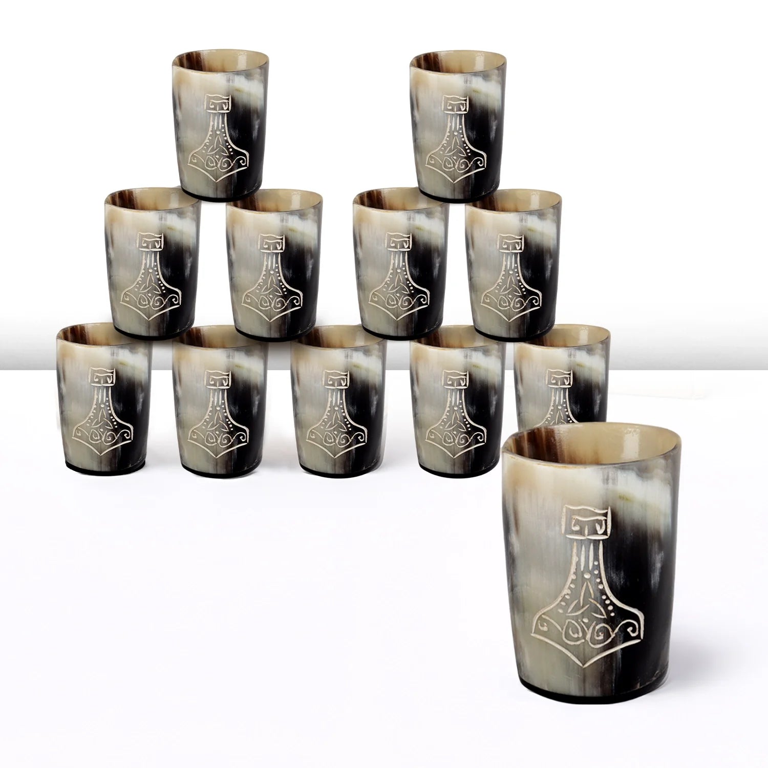 Whiskey Shot Cups Set Nordic Hammer Pattern Real Ox Horn 6.5 oz, Pack 4, 8 & 12