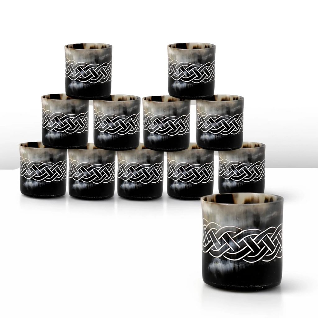 Whiskey Shot Cups Set Knot Pattern Real Ox Horn 6.5 oz, Pack 4, 8 & 12