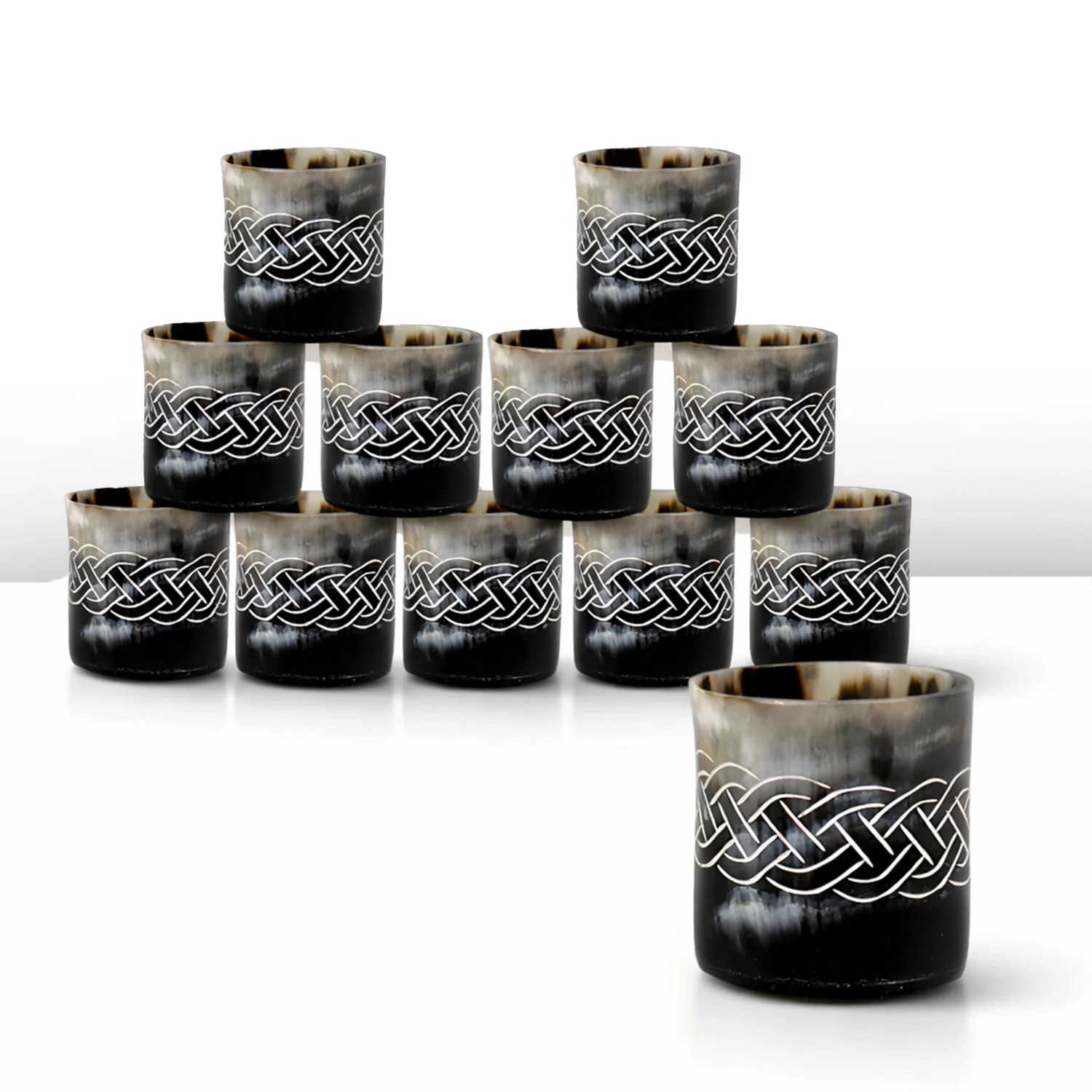 Whiskey Shot Cups Set Knot Pattern Real Ox Horn 6.5 oz, Pack 4, 8 & 12