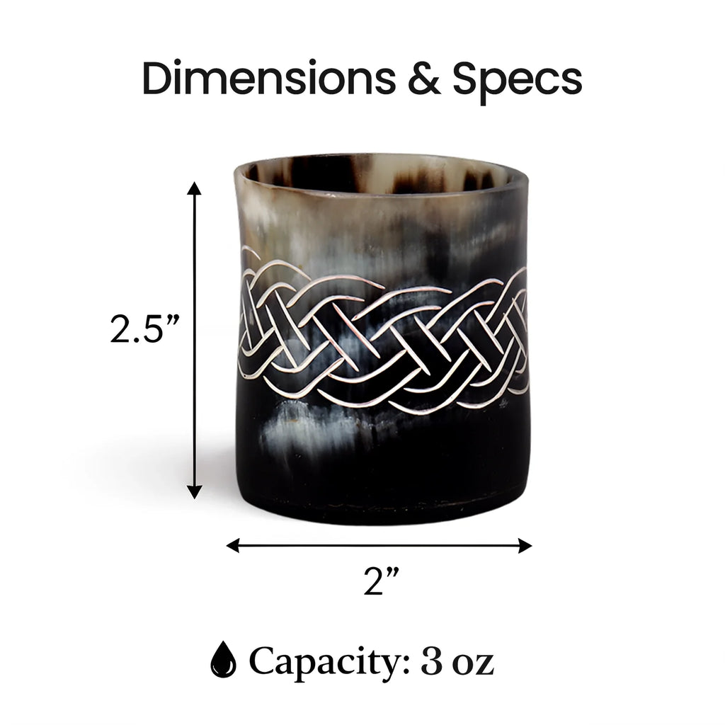 Whiskey Shot Cups Set Knot Pattern Real Ox Horn 6.5 oz, Pack 4, 8 & 12