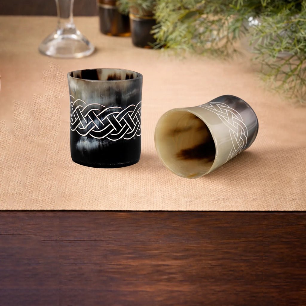 Whiskey Shot Cups Set Knot Pattern Real Ox Horn 6.5 oz, Pack 4, 8 & 12