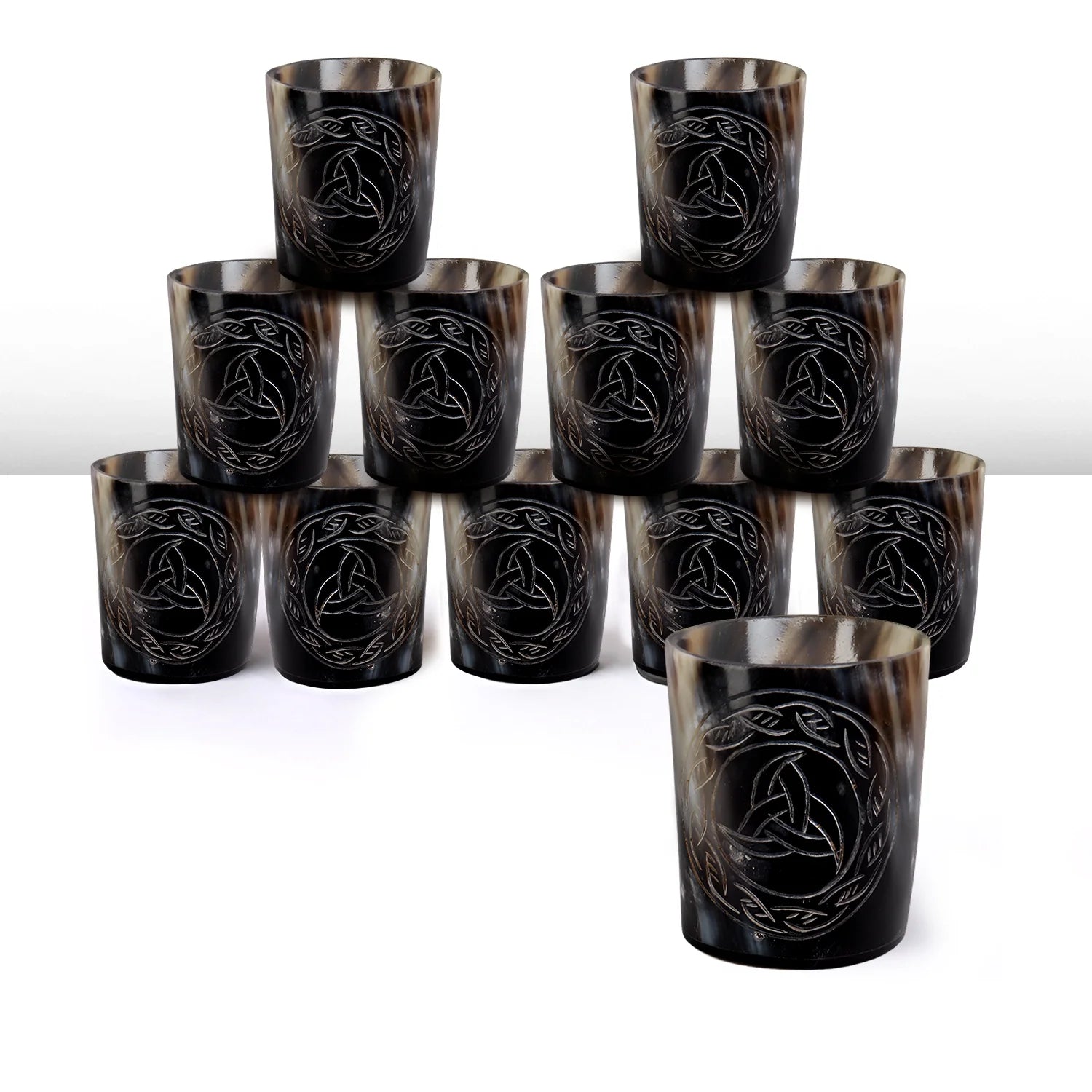 Whiskey Shot Cups Set Eternal Pattern Real Ox Horn 6.5 oz, Pack 4, 8 & 12