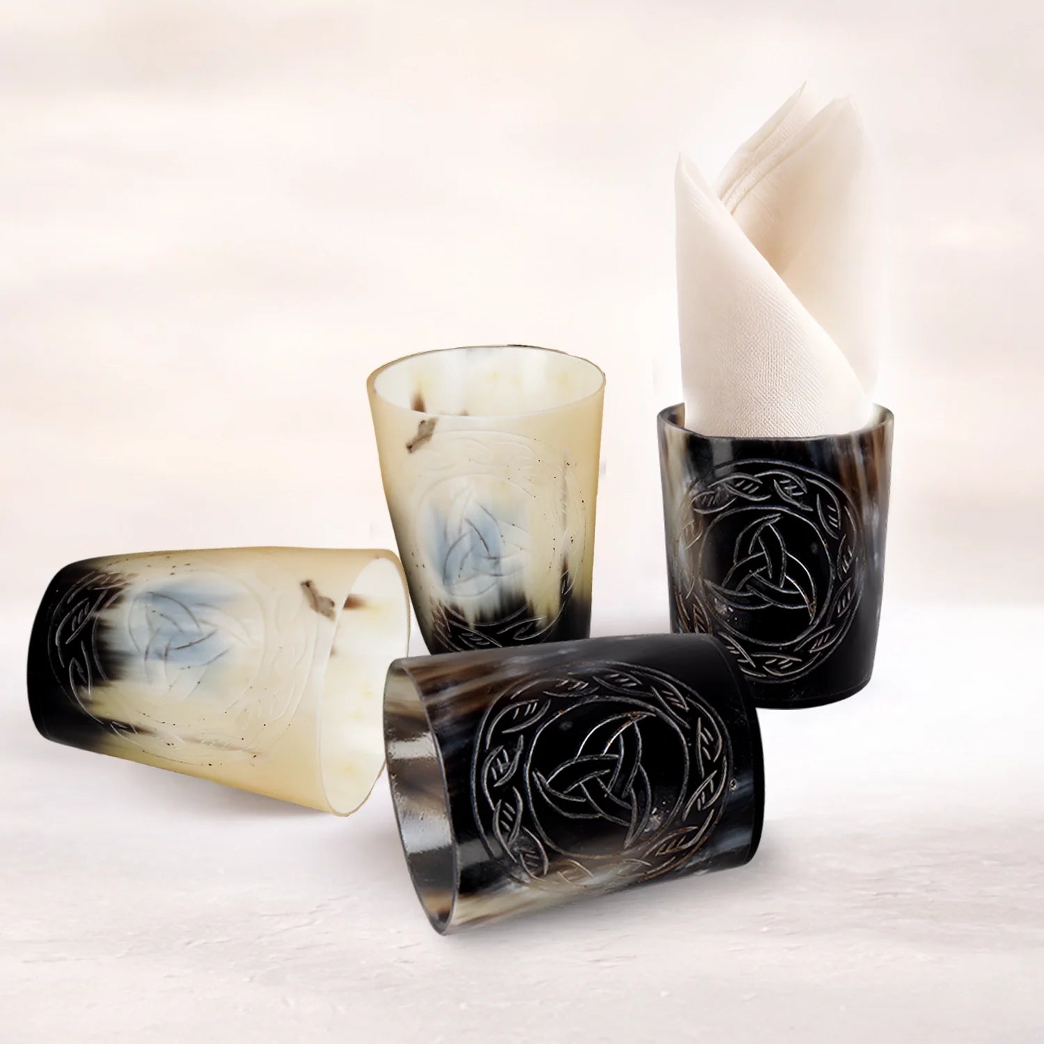Whiskey Shot Cups Set Eternal Pattern Real Ox Horn 6.5 oz, Pack 4, 8 & 12