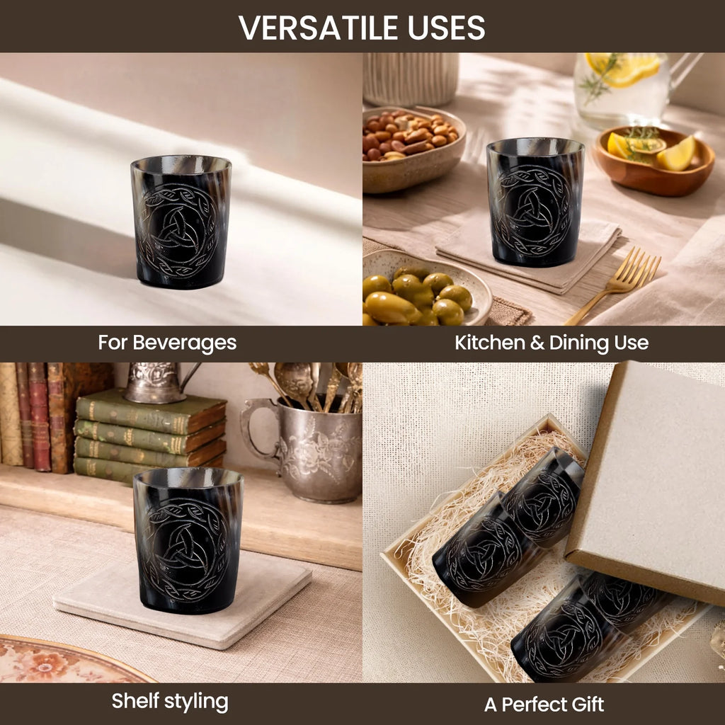 Whiskey Shot Cups Set Eternal Pattern Real Ox Horn 6.5 oz, Pack 4, 8 & 12