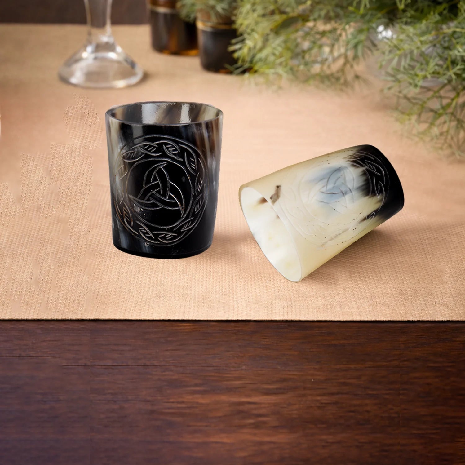 Whiskey Shot Cups Set Eternal Pattern Real Ox Horn 6.5 oz, Pack 4, 8 & 12