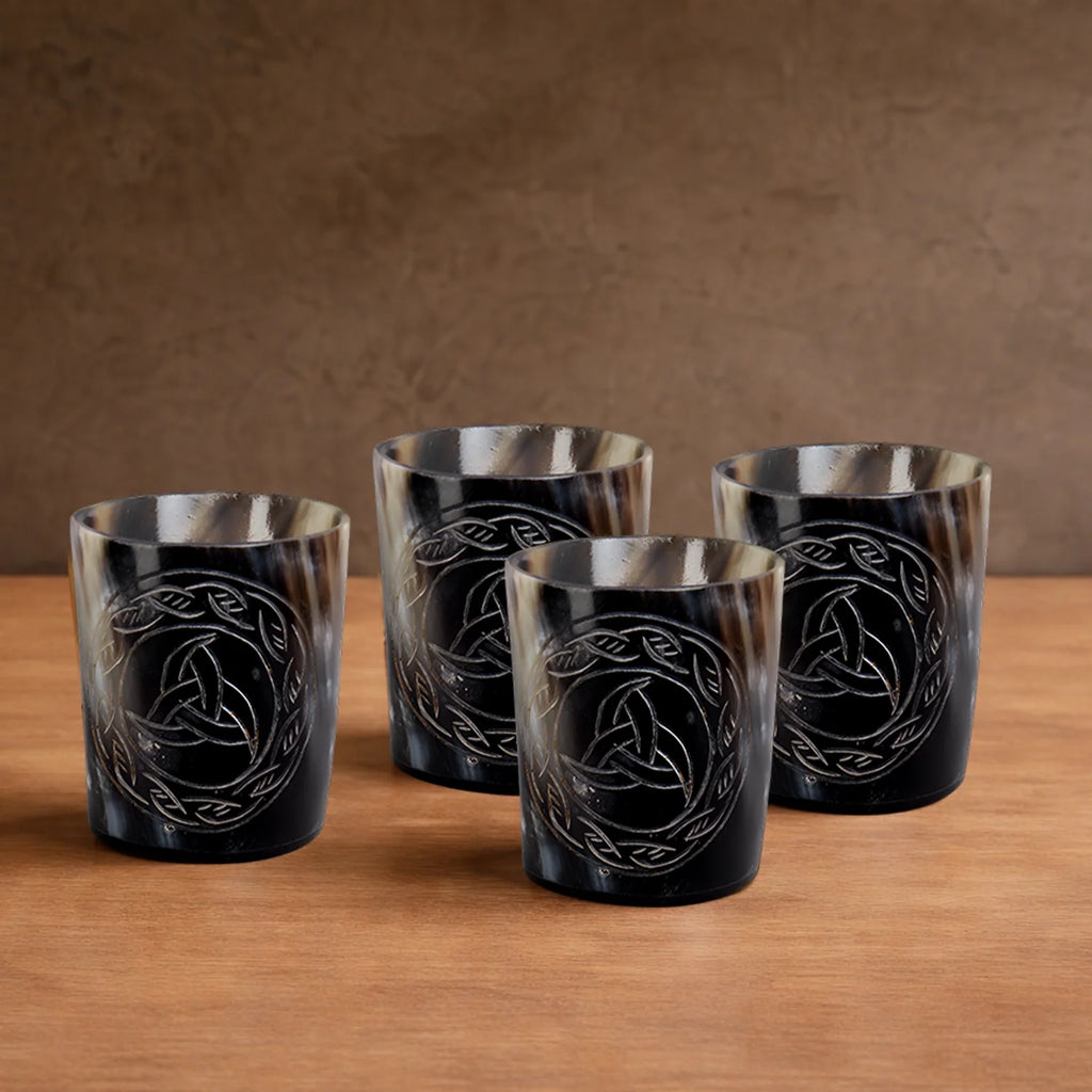 Whiskey Shot Cups Set Eternal Pattern Real Ox Horn 6.5 oz, Pack 4, 8 & 12