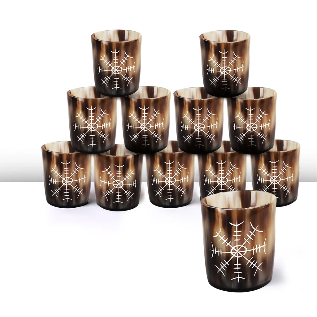 Whiskey Shot Cups Set Nordic Compass Pattern Real Ox Horn 6.5 oz, Pack 4, 8 & 12