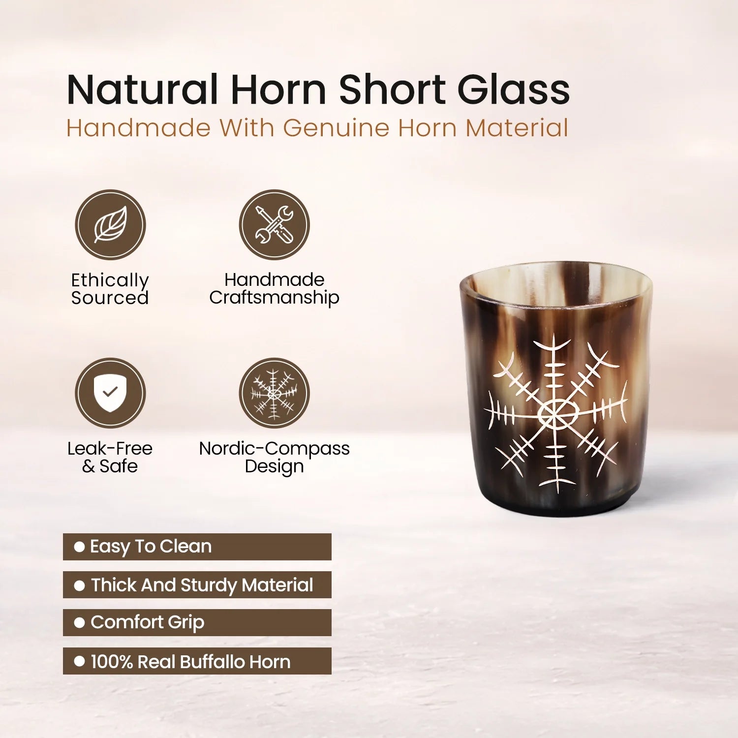 Whiskey Shot Cups Set Nordic Compass Pattern Real Ox Horn 6.5 oz, Pack 4, 8 & 12