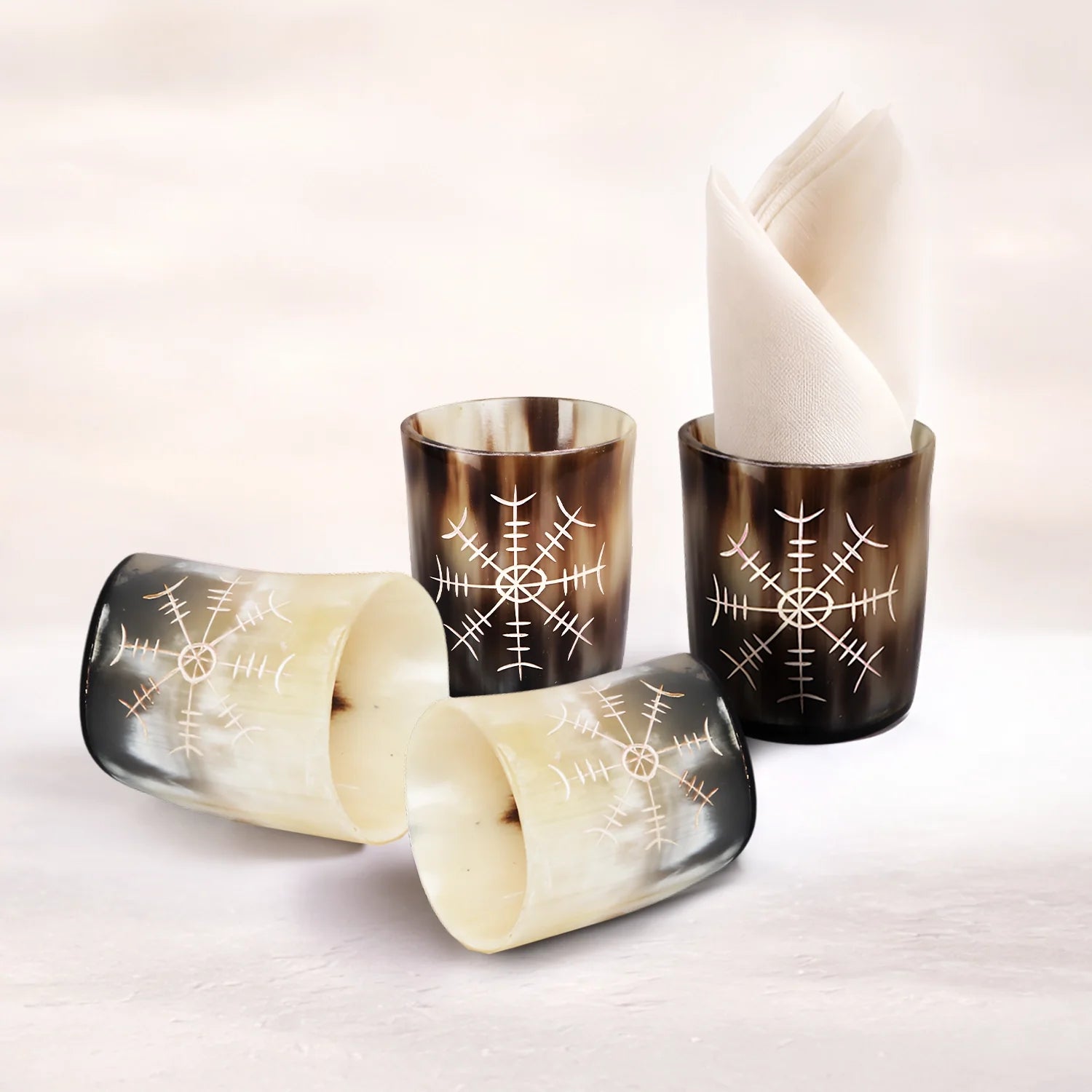 Whiskey Shot Cups Set Nordic Compass Pattern Real Ox Horn 6.5 oz, Pack 4, 8 & 12