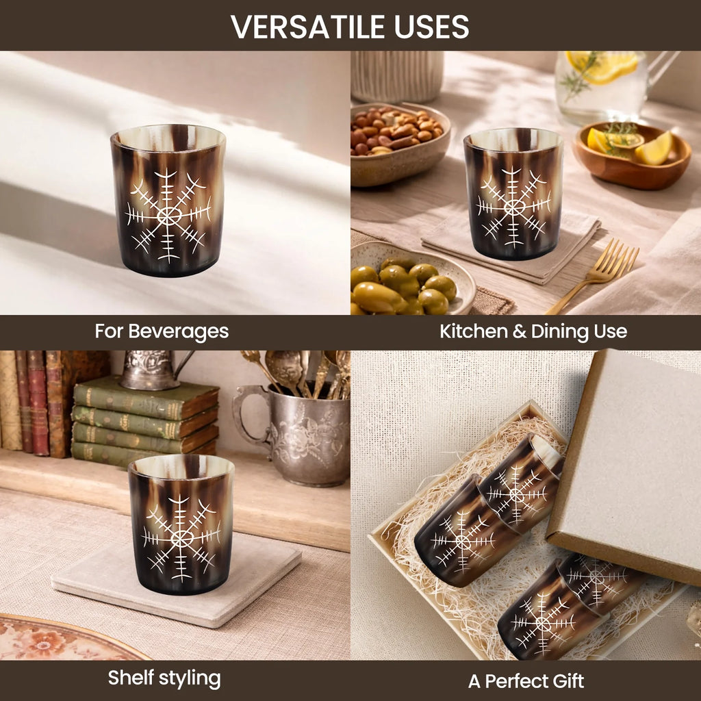 Whiskey Shot Cups Set Nordic Compass Pattern Real Ox Horn 6.5 oz, Pack 4, 8 & 12