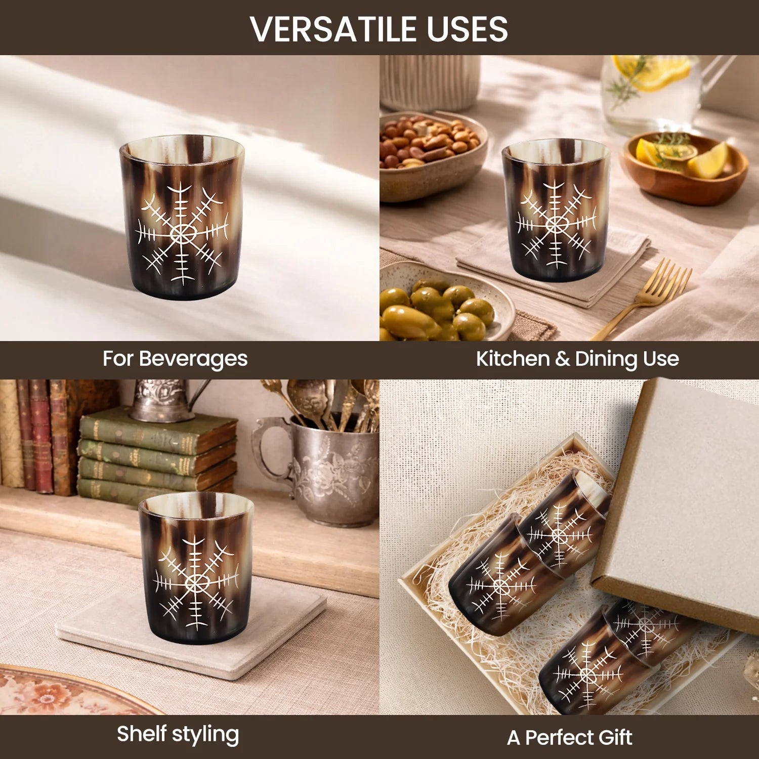 Whiskey Shot Cups Set Nordic Compass Pattern Real Ox Horn 6.5 oz, Pack 4, 8 & 12