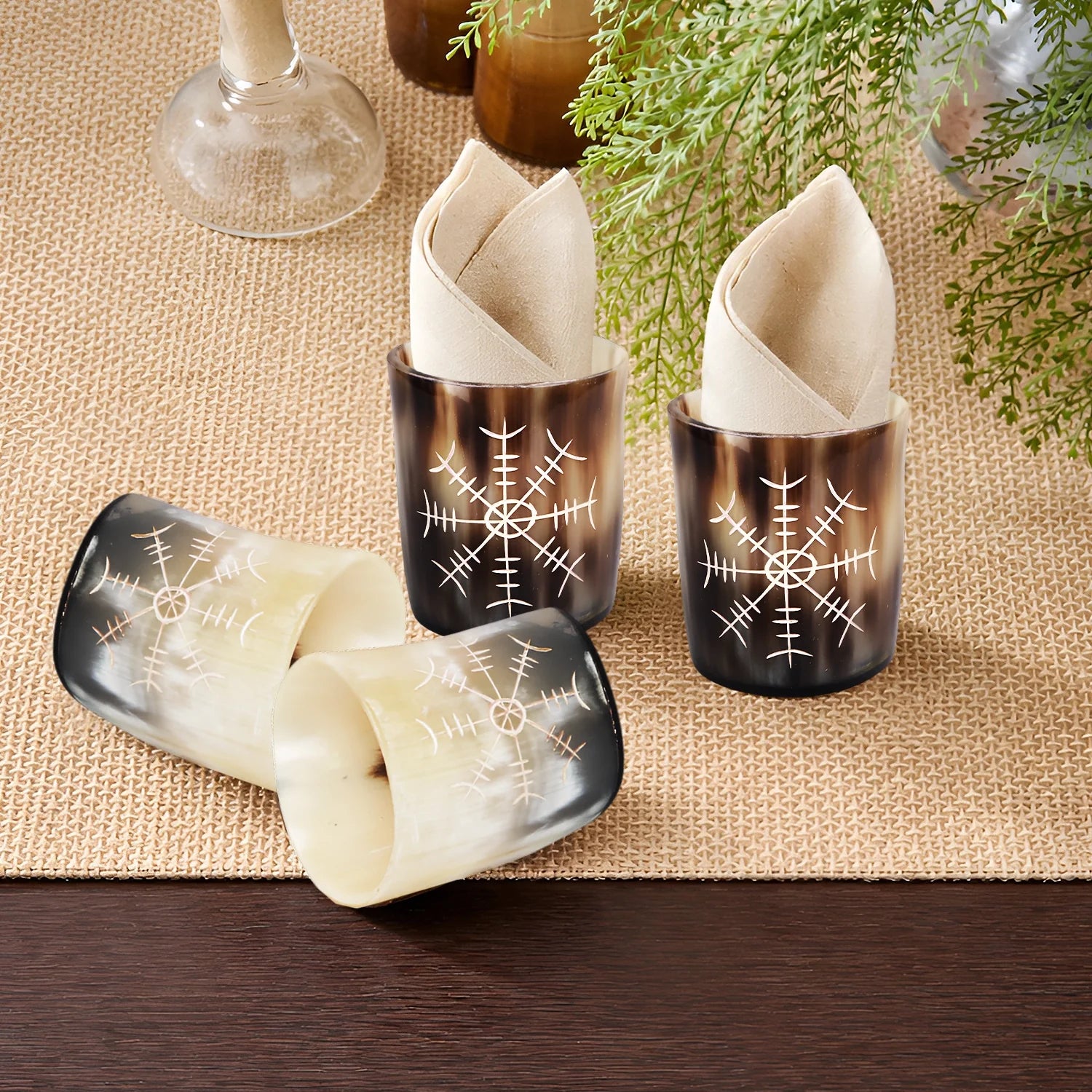 Whiskey Shot Cups Set Nordic Compass Pattern Real Ox Horn 6.5 oz, Pack 4, 8 & 12