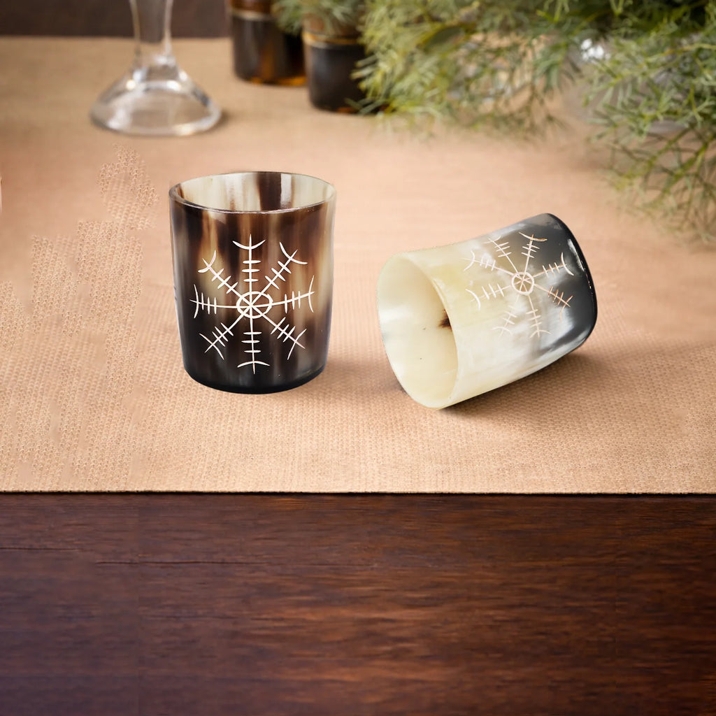Whiskey Shot Cups Set Nordic Compass Pattern Real Ox Horn 6.5 oz, Pack 4, 8 & 12